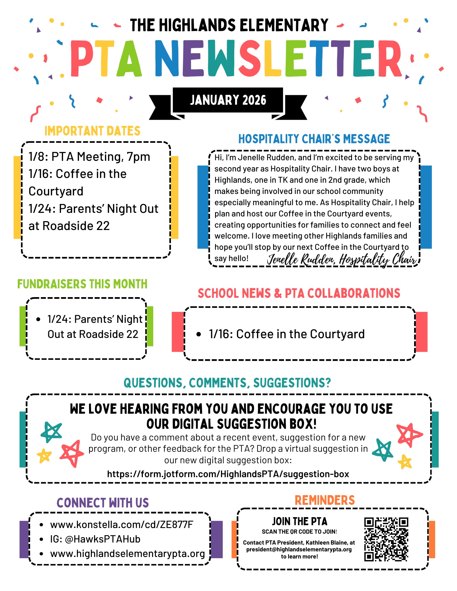 January 2026 PTA Newsletter for Highlands Elementary School