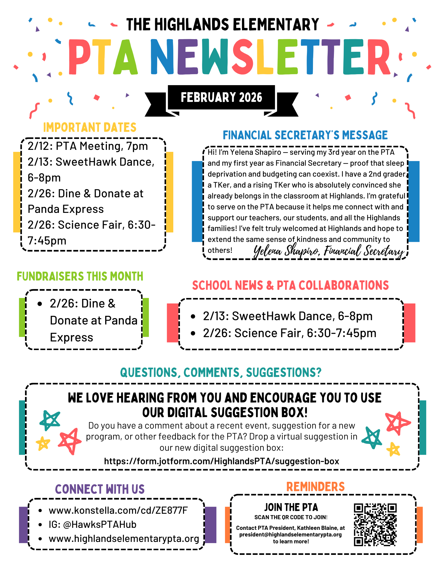 February 2026 PTA Newsletter for Highlands Elementary School