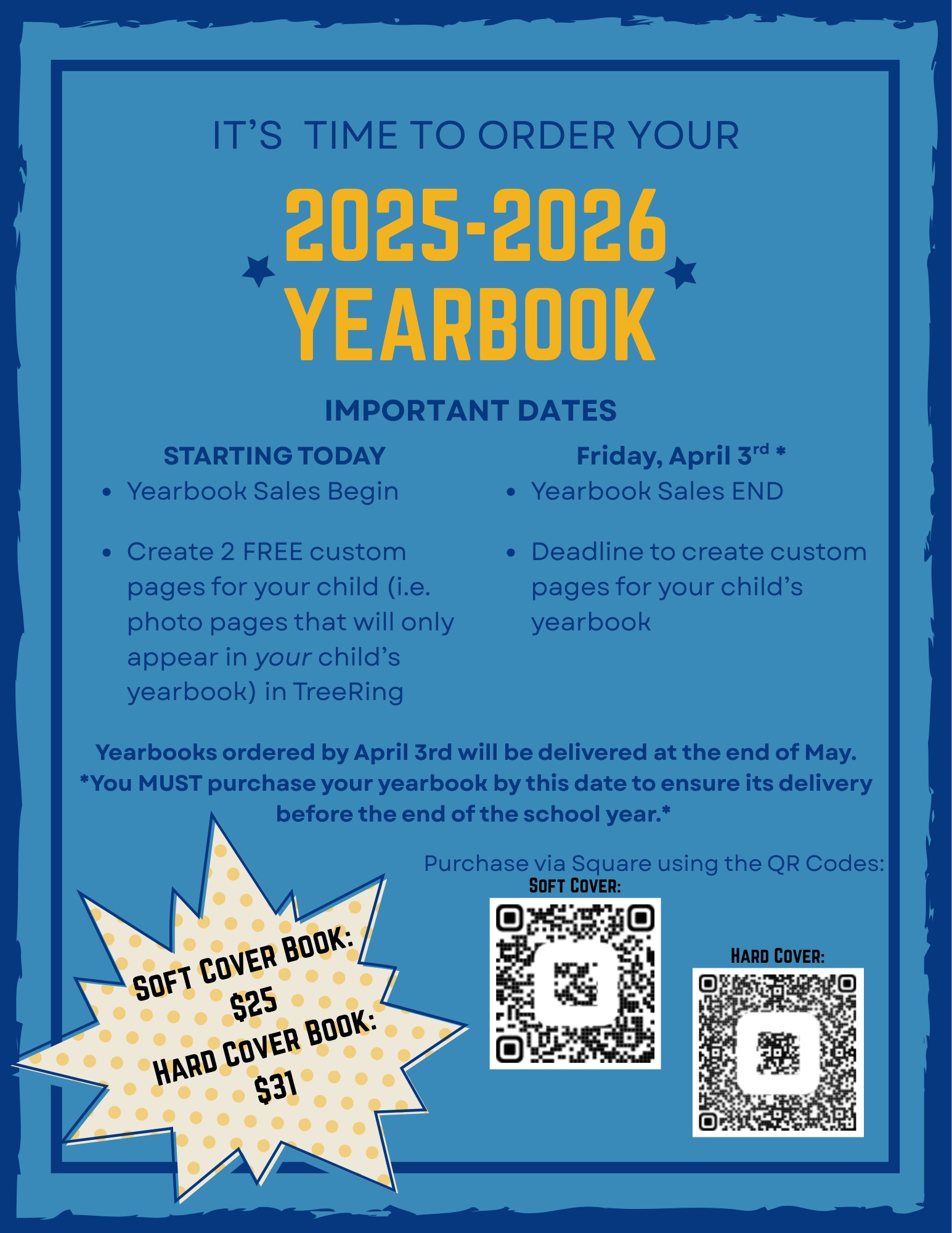 This image shows information about how to purchase a Highlands Elementary School Yearbook for the 2025-2026 school year.