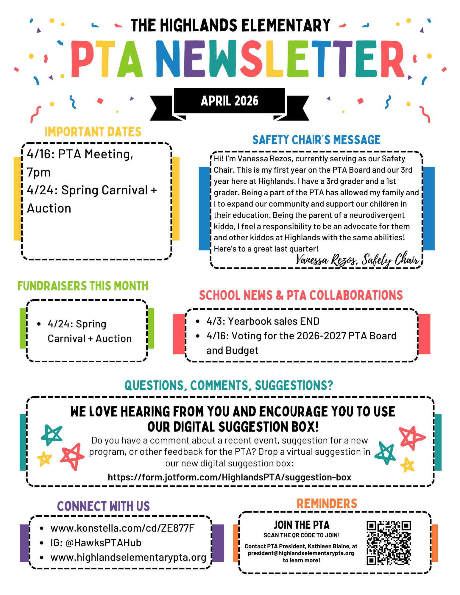 Highlands Elementary PTA April 2026 Newsletter