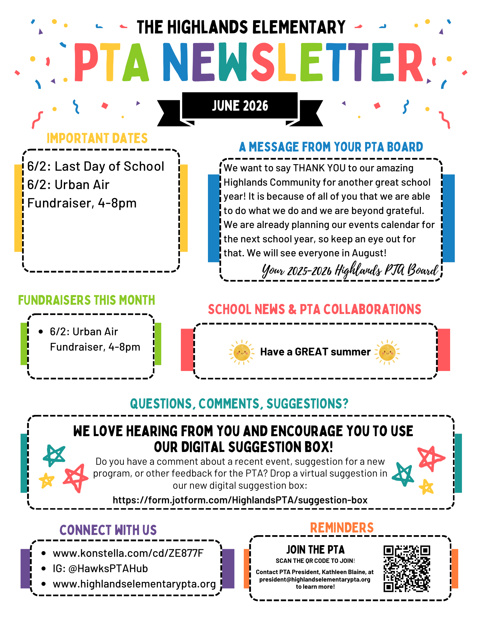 Highlands Elementary PTA June 2026 Newsletter